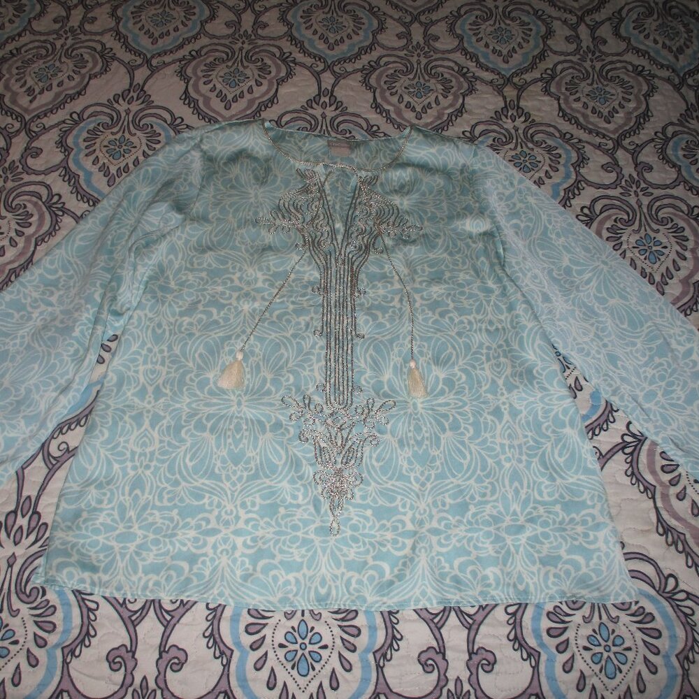 Chicos Split Neck Pullover Tunic Mirrored Scroll … - image 2